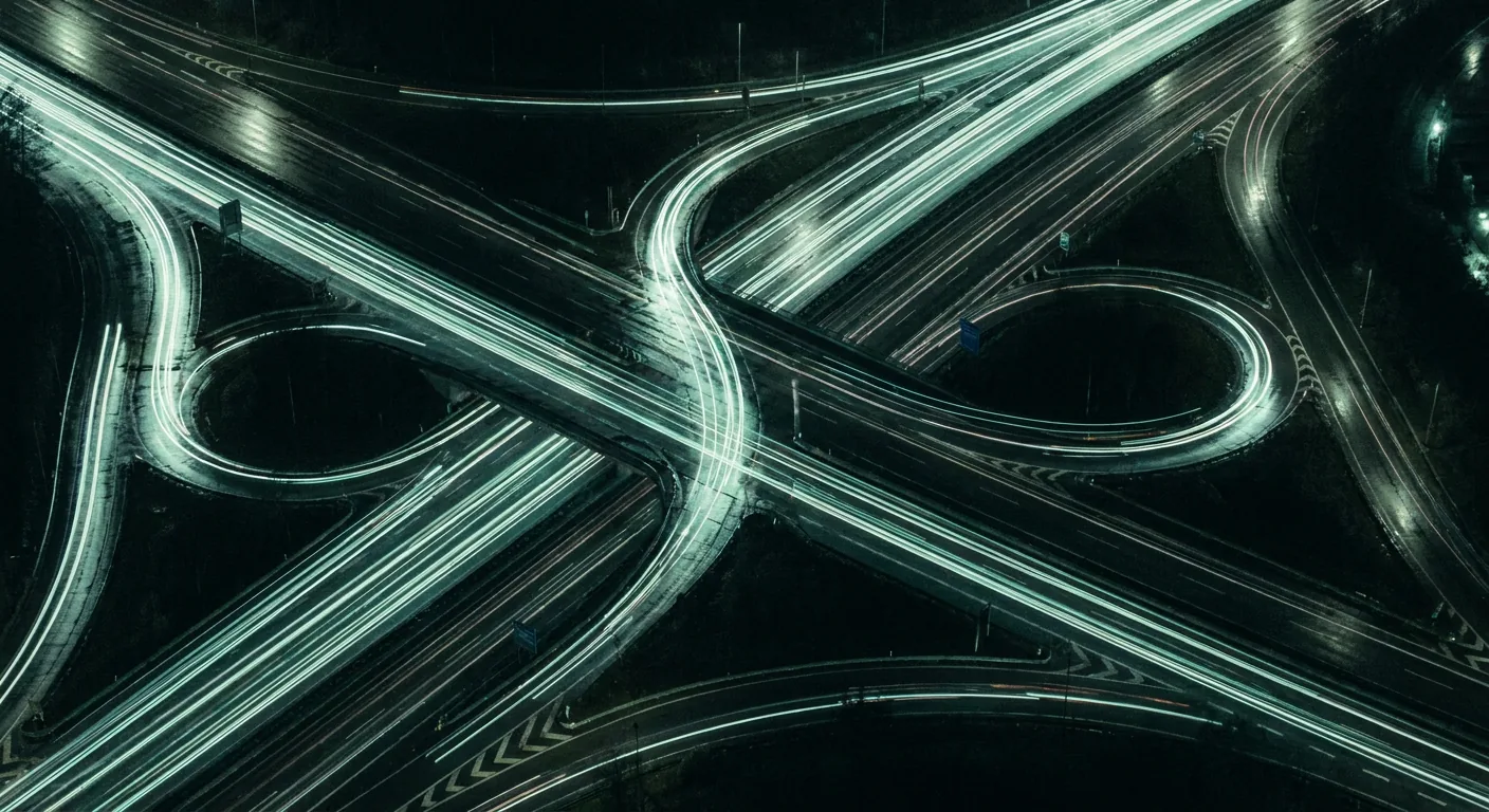 Luftaufnahme eines Autobahnkreuzes mit mintgrünen Lichtspuren bei Nacht